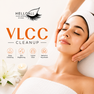 VLCC Cleanup facial treatment at home with a woman receiving a relaxing skincare treatment, highlighting deep cleansing, skin brightening, instant glow, and rejuvenation.