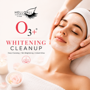 O3+ Whitening Cleanup facial treatment with a woman receiving a relaxing skincare treatment, highlighting deep cleansing, skin brightening, and instant glow.